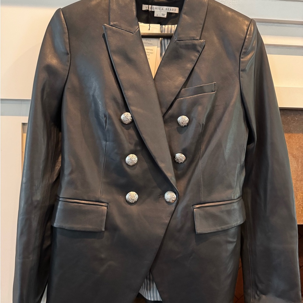 Veronica Beard Black Double-Breasted Leather Blazer with Silver Buttons